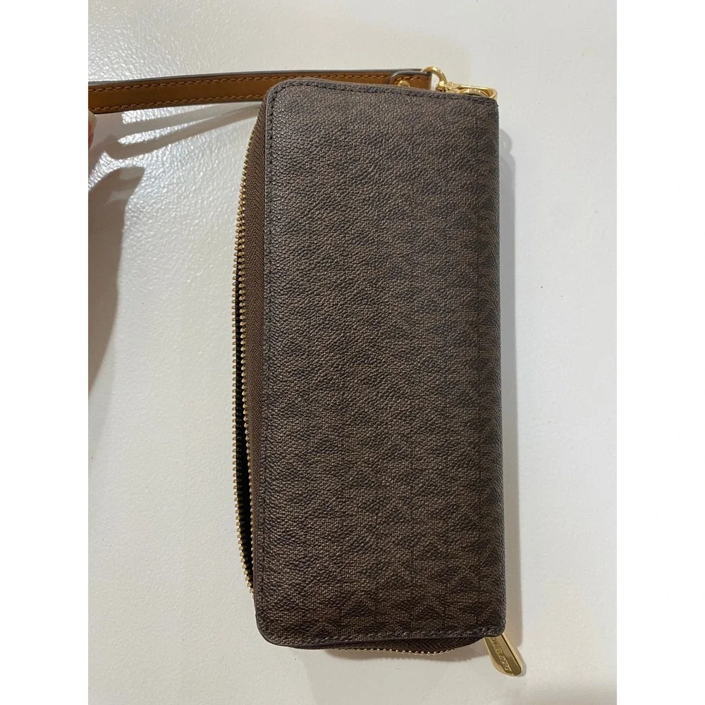 Michael Kors Jet Set Travel Continental Wristlet Wallet Brown Logo Gold Hardware